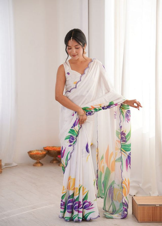 White Color Chinon Fabric Digital Print Smart Ethnic Saree