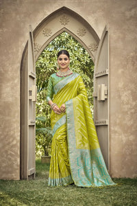 Parrot Green Color Banarasi Silk Fabric Ethnic woven Designer Saree