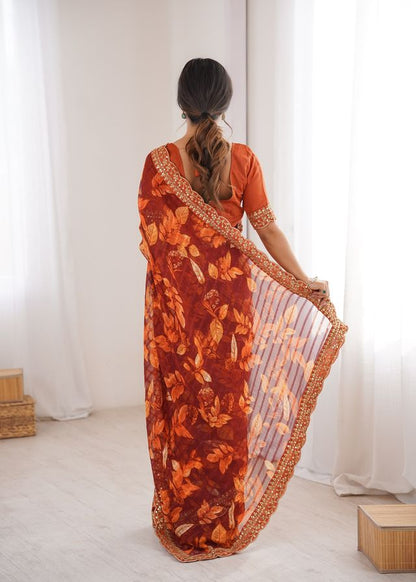 Orange Color Marble Patta Fabric Stylish Festive Special Saree