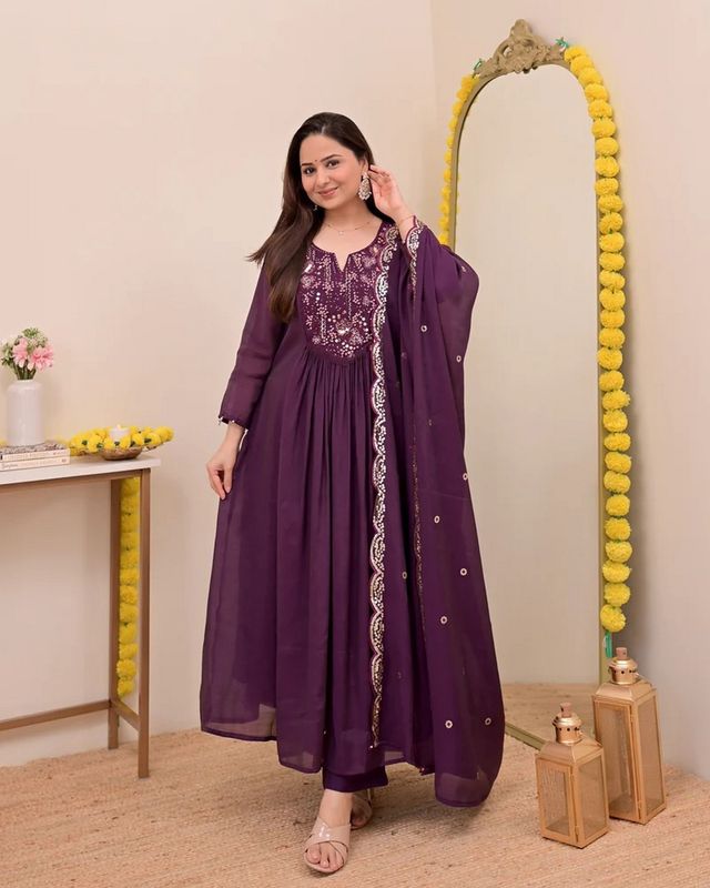 WineColor Chanderi Silk Fabric Designer Embroiderd Stitched Suit