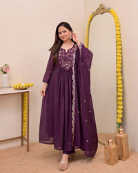 WineColor Chanderi Silk Fabric Designer Embroiderd Stitched Suit