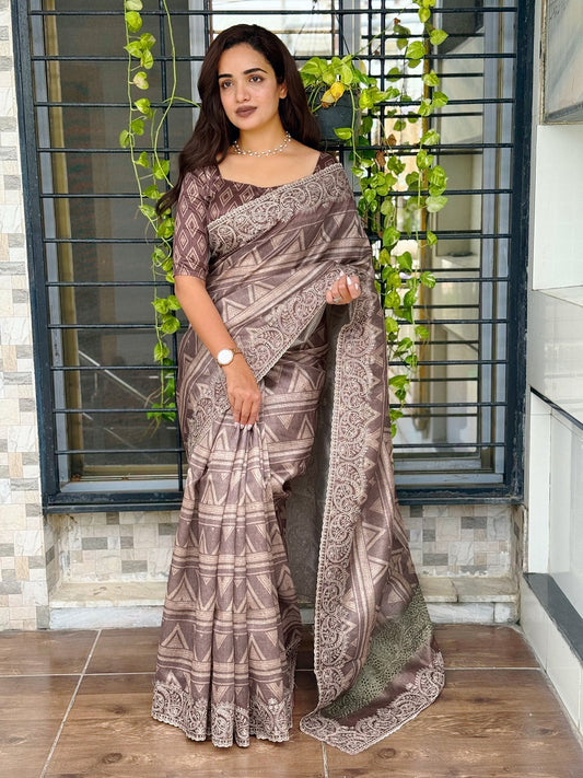 Brown Kashmiri Style Digital Printed Saree With Unstitched Blouse