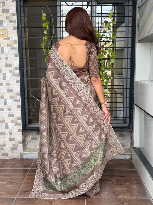 Brown Kashmiri Style Digital Printed Saree With Unstitched Blouse