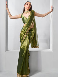 Mahendi Color Gold Twill Net Fabric Real Mirror And Coding Lace Work Work Designer Saree