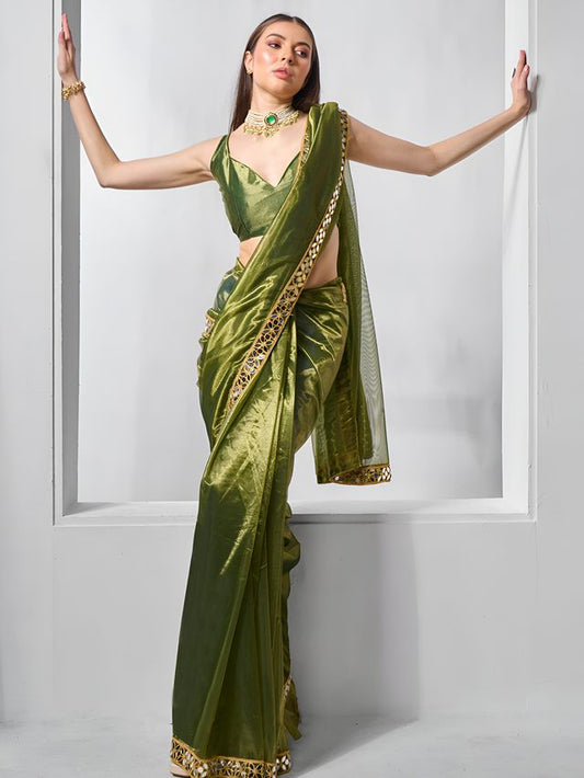 Mahendi Color Gold Twill Net Fabric Real Mirror And Coding Lace Work Work Designer Saree