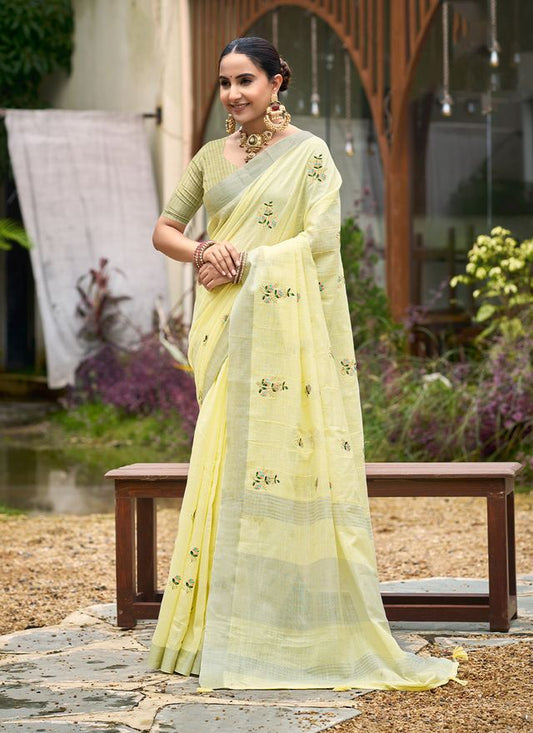 Yellow Color Beautiful Linen Fabric Sophisticated Ethnic Saree
