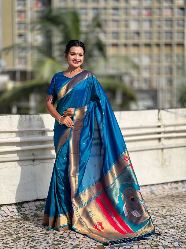 Rama Color Soft Silk Fabric Woven Paithani Designer Cultural Rich Saree