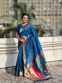 Rama Color Soft Silk Fabric Woven Paithani Designer Cultural Rich Saree