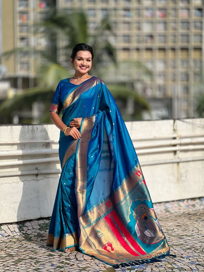 Rama Color Soft Silk Fabric Woven Paithani Designer Cultural Rich Saree