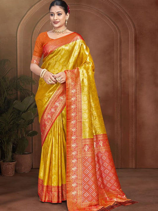 Yellow Color Kanjivaram Silk Fabric Woven Designer Graceful Partywear Saree
