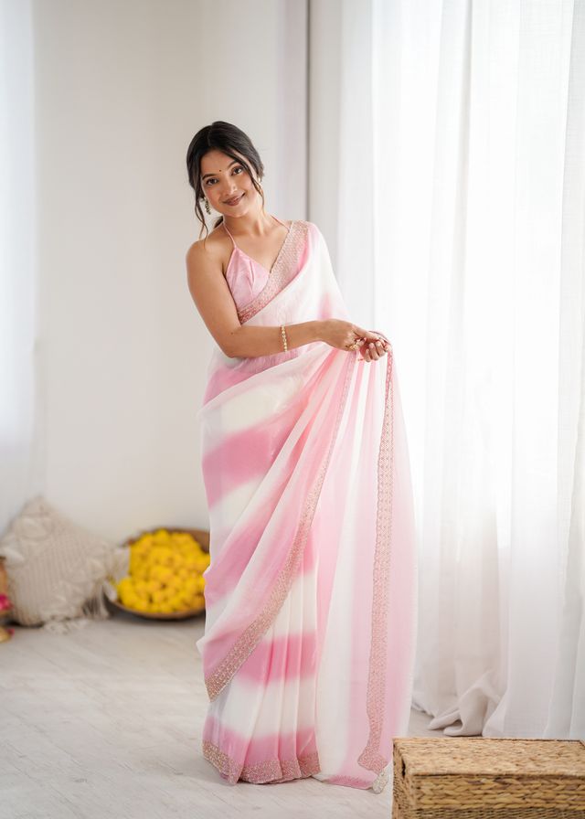Pink Color Beautiful Fendy Satin Fabric Saree With Glamorous Zarkan Diamond Work