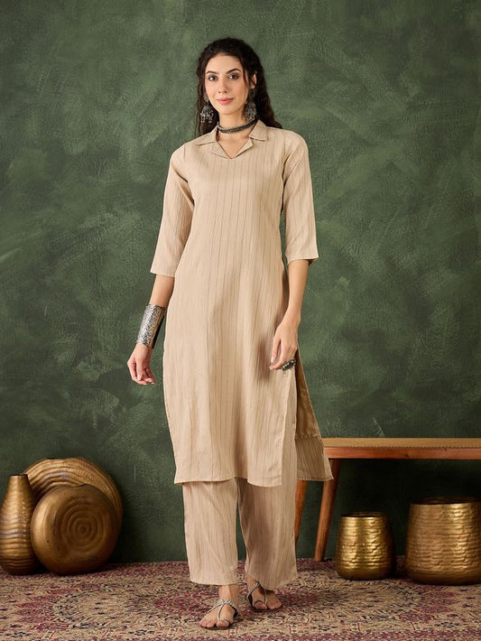 Cream Color Cotton Silk Blend Beautiful Stylish Tendy Top Bottom Set