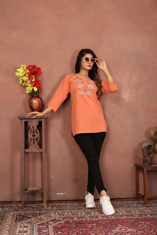 Peach Color Rinkal Cotton Fabric Formal Looking Casual Short Kurta
