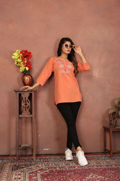 Peach Color Rinkal Cotton Fabric Formal Looking Casual Short Kurta