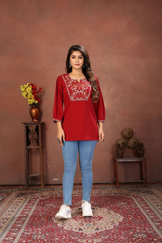 Maroon Color Rinkal Cotton Fabric Formal Looking Casual Short Kurta