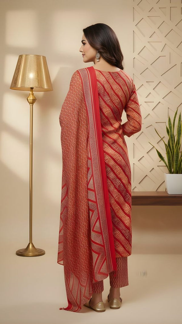 Red Color Cotton Fabric Stylish And Trendy Kurta Set For Ethnic Girls