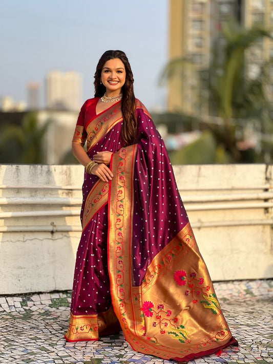 Wine Color Beautiful Soft Silk Woven Designer Partywear Saree