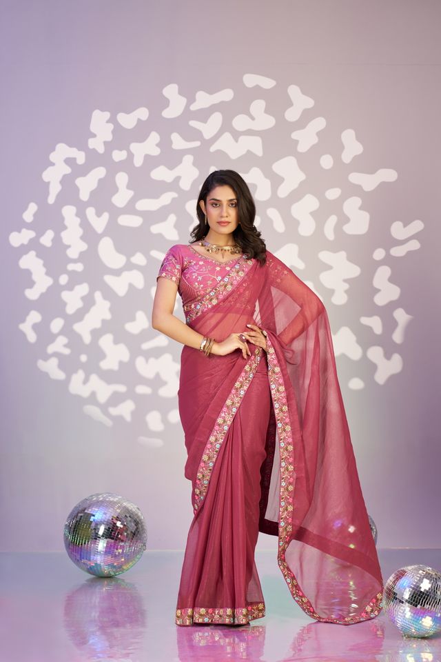 Onion Color Ethnic Embroidered Simmer Chiffon Fabric Girlie Partywear Saree