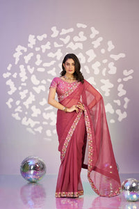 Onion Color Ethnic Embroidered Simmer Chiffon Fabric Girlie Partywear Saree