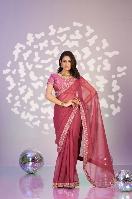 Onion Color Ethnic Embroidered Simmer Chiffon Fabric Girlie Partywear Saree
