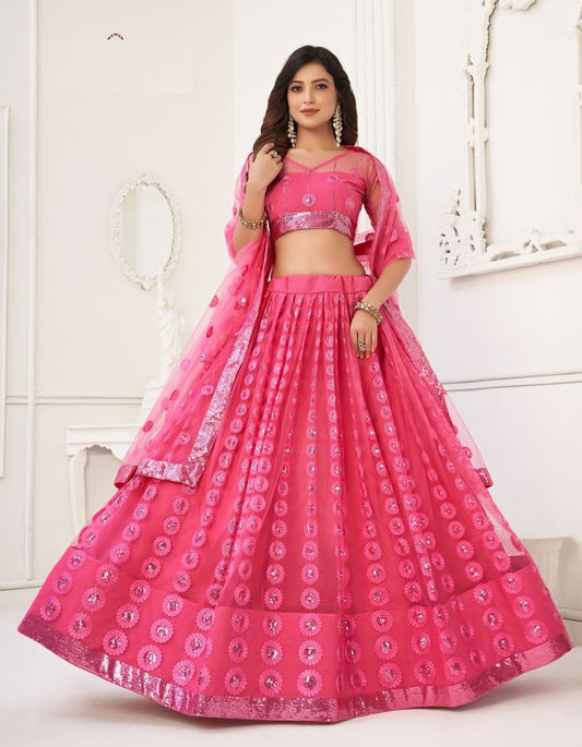 Pink Heavy Embroidery Net Semi Stitch A Line Lehenga With Blouse