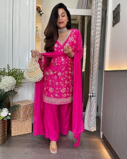 PinkColor Chinon Fabric Designer Embroiderd Stitched Suit