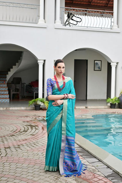 Blue Color Khadi Raw Silk Fabric Woven Meena Rich Pallu Border Designer Beautiful Saree