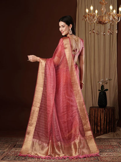 Peach Color Girlie Organza Fabric Woven Jacquard Designer Saree