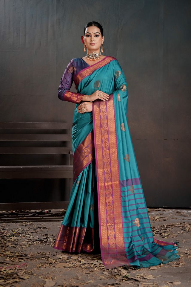 Teal Color Beautiful Woven Jacquard Designer Art silk Saree
