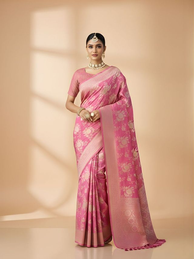 Pink Color Ethnic Crepe Silk Fabric Woven Jacquard Designer Ceremonial Saree