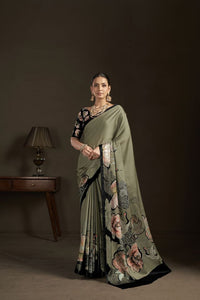 Pista Color Stylish Digital Printed Silk Crepe Fabric Saree For Trendy Looks