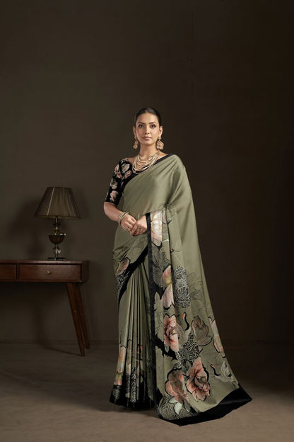 Pista Color Stylish Digital Printed Silk Crepe Fabric Saree For Trendy Looks