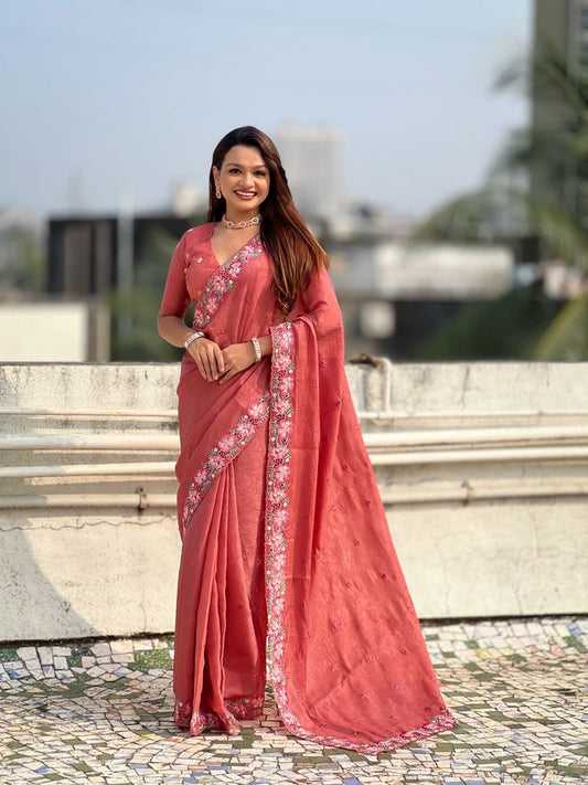 Coral Color Crush Silk Fabric Designer Embroidered Wedding Special Saree