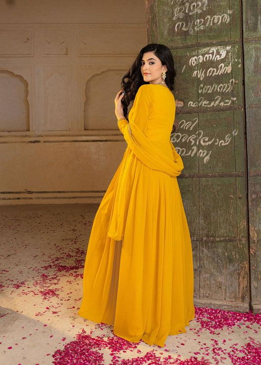 Mustard Color Georgette Fabric Designer Embroidered Partywear Gown For Girlie Looks
