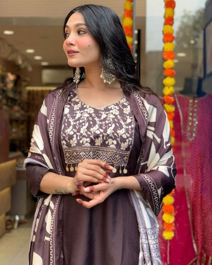 Grey Color Cotton Fabric Designer Partywear Salwar Kameez