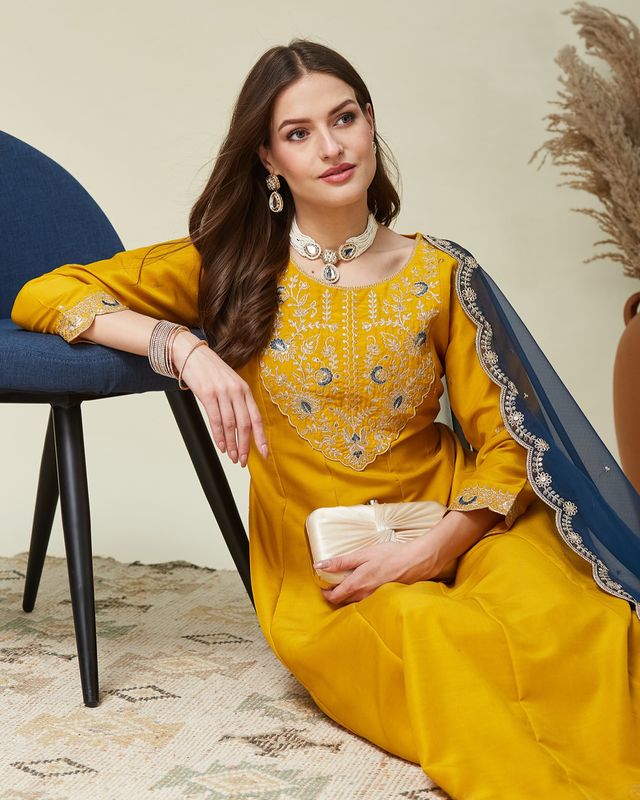 Yellow Color Vichitra Fabric Beautiful Partywear Dress For Girls