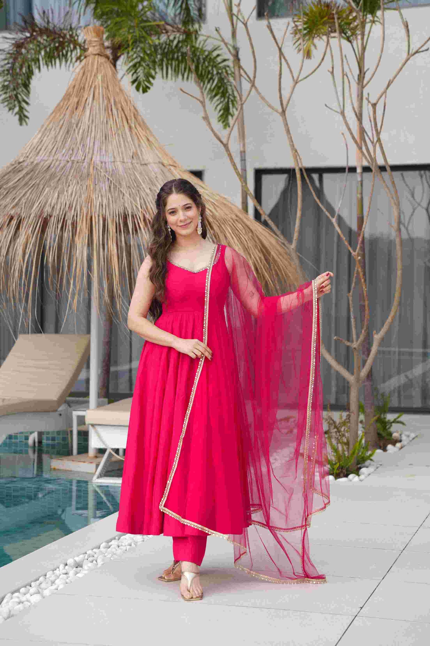 Women's Beautiful Roman Silk Chanderi Fabric Flared Anarkali Pant and Dupatta Set