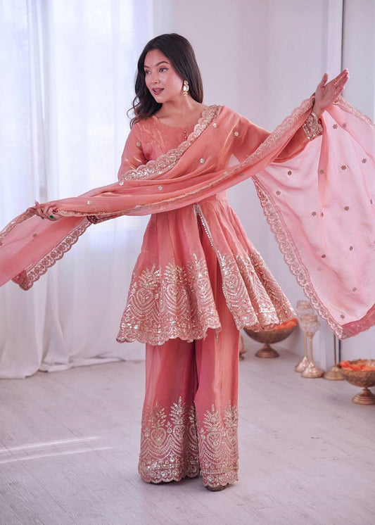 Coral Fendy Satin With Embroidered Real Mirror Work Plazzo Set