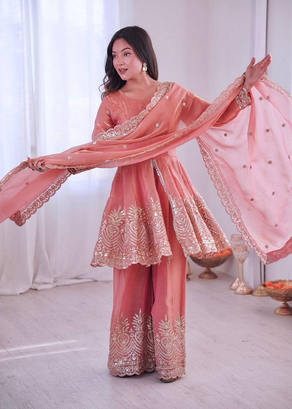 Coral Fendy Satin With Embroidered Real Mirror Work Plazzo Set