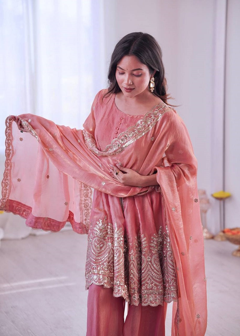 Coral Fendy Satin With Embroidered Real Mirror Work Plazzo Set