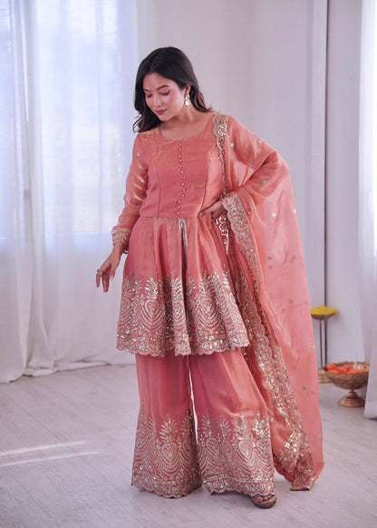 Coral Fendy Satin With Embroidered Real Mirror Work Plazzo Set