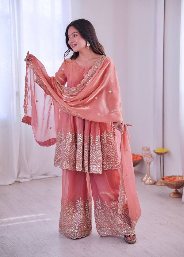 Coral Fendy Satin With Embroidered Real Mirror Work Plazzo Set