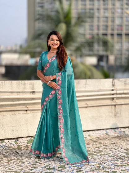 Sky Blue Color Crush Silk Fabric Designer Embroidered Wedding Special Saree