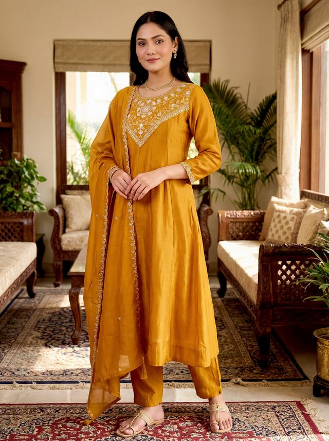 Mustard Color Beautiful Vichitra Silk Fabric Designer Ceremonial Readymade Suit