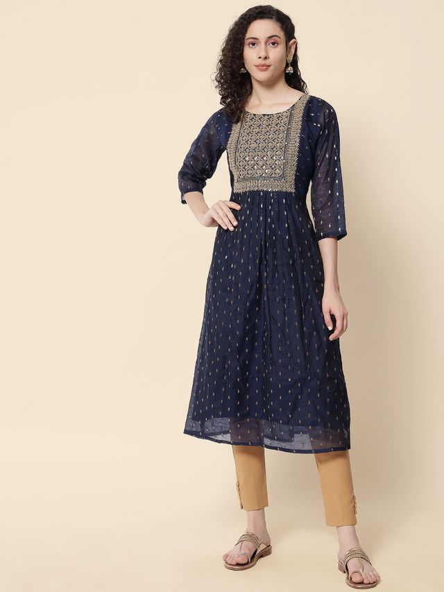 Navy Blue Color Chanderi Modal Fabric With Beautiful Embroidered Work Fancy Looks