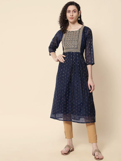 Navy Blue Color Chanderi Modal Fabric With Beautiful Embroidered Work Fancy Looks