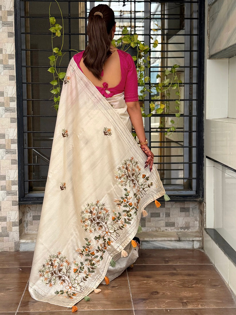 Cream Kashmiri Style Thread Embroidered Work Saree With Unstitched Blouse