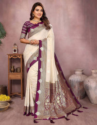 Cream Pure Handloom Kalamkari Silk With Zari Woven Design Saree With Blouse