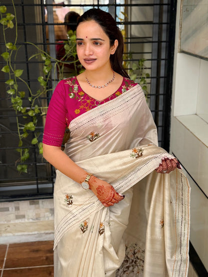 Cream Kashmiri Style Thread Embroidered Work Saree With Unstitched Blouse