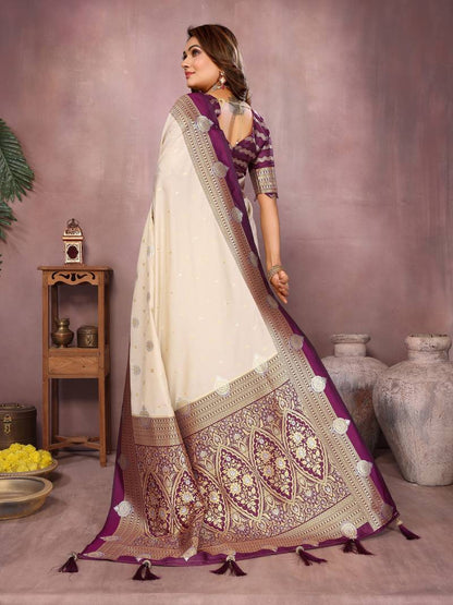 Cream Pure Handloom Kalamkari Silk With Zari Woven Design Saree With Blouse